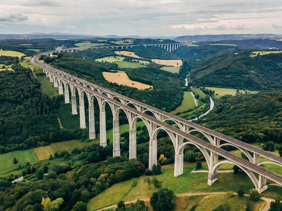 Aerial perspective of multi-span railway viaduct connecting European transport corridors