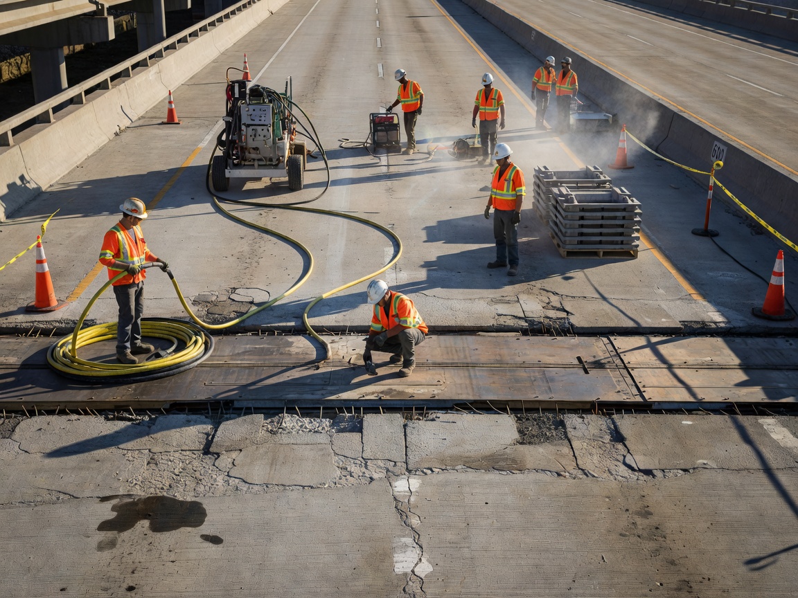 Bridge expansion joint refurbishment and hydro-demolition preparation on highway viaduct