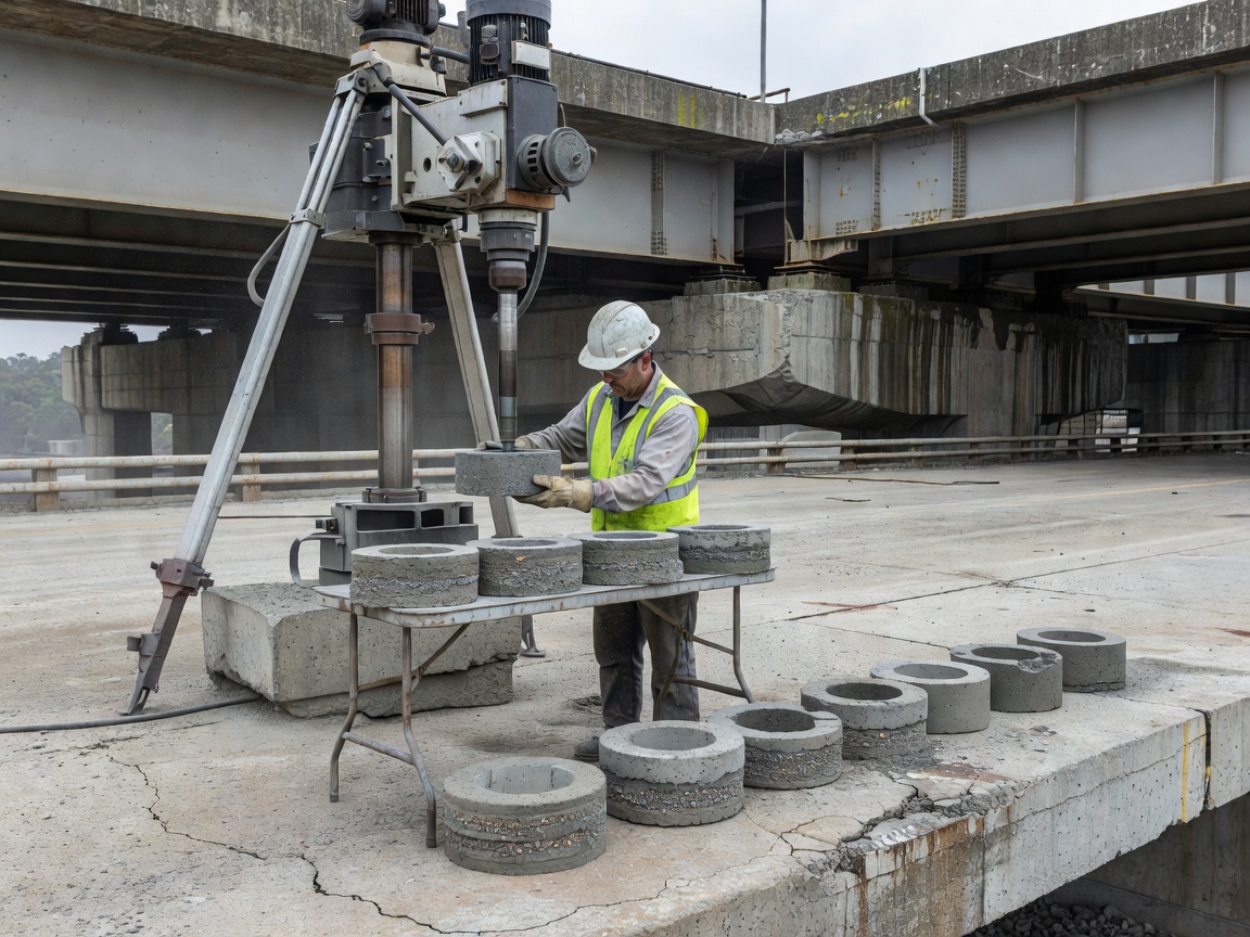 Core drilling and concrete sample testing on structural bridge deck