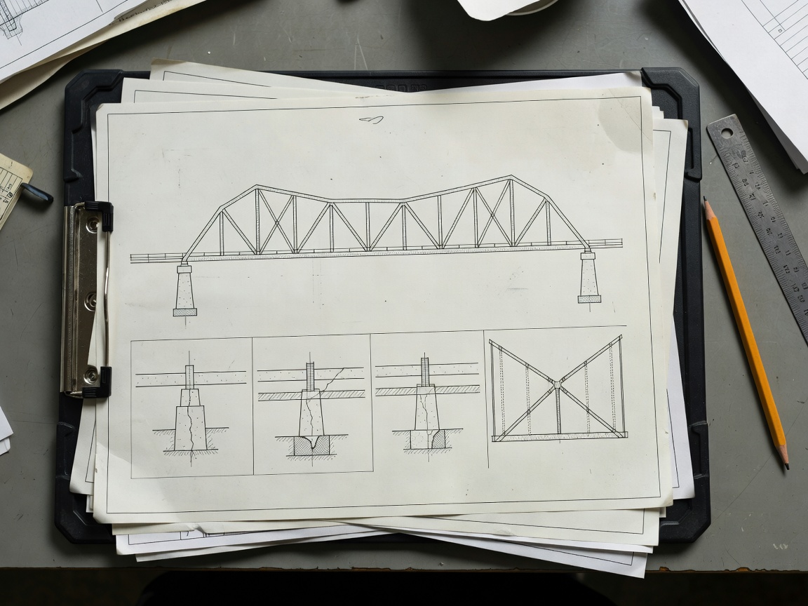 Detailed engineering cad schematics and bridge defect catalog sheets on clipboard