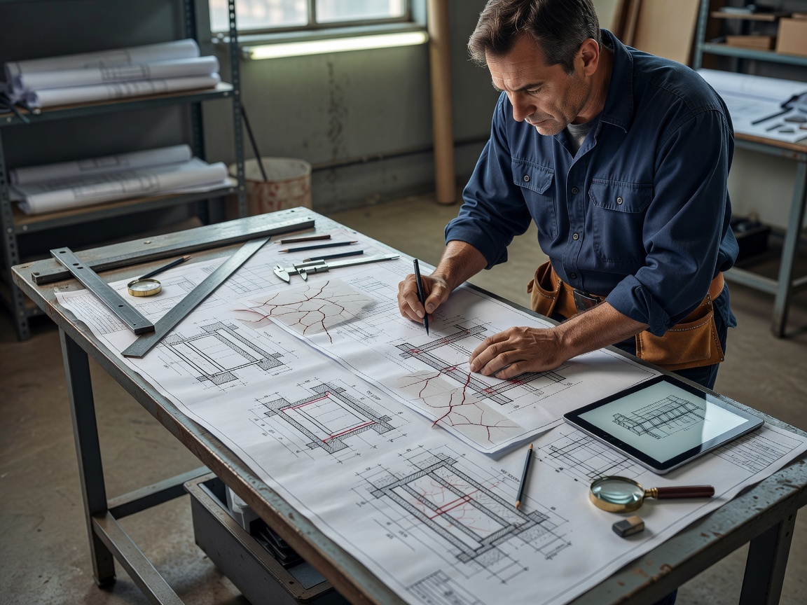 Engineer annotating structural CAD cross-sections and crack progression records