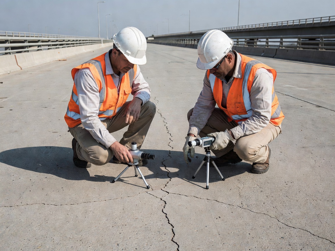 Engineers assessing concrete deck surface micro-cracking with optical measurement gauges