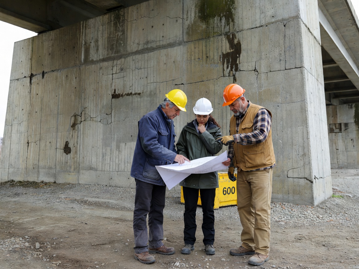 Engineers reviewing structural rehabilitation drawings alongside bridge abutment