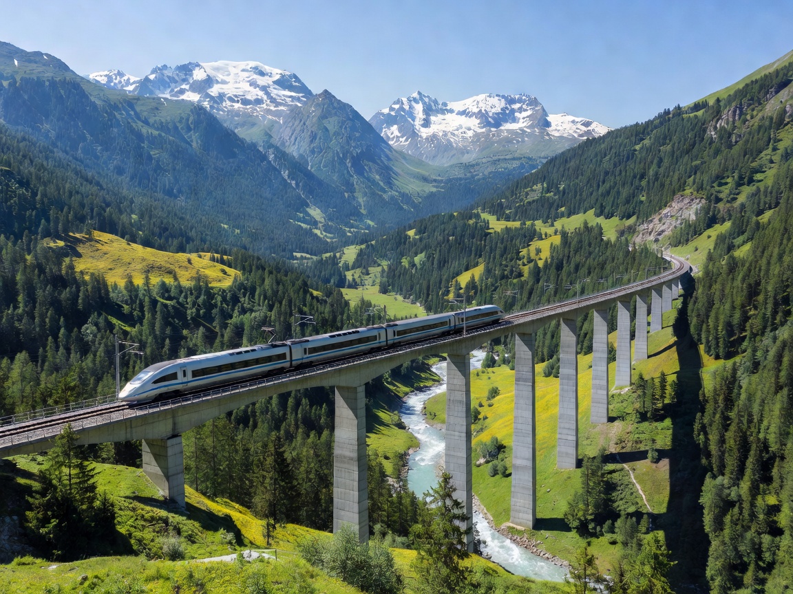 High-speed rail viaduct traversing alpine valley in central Europe