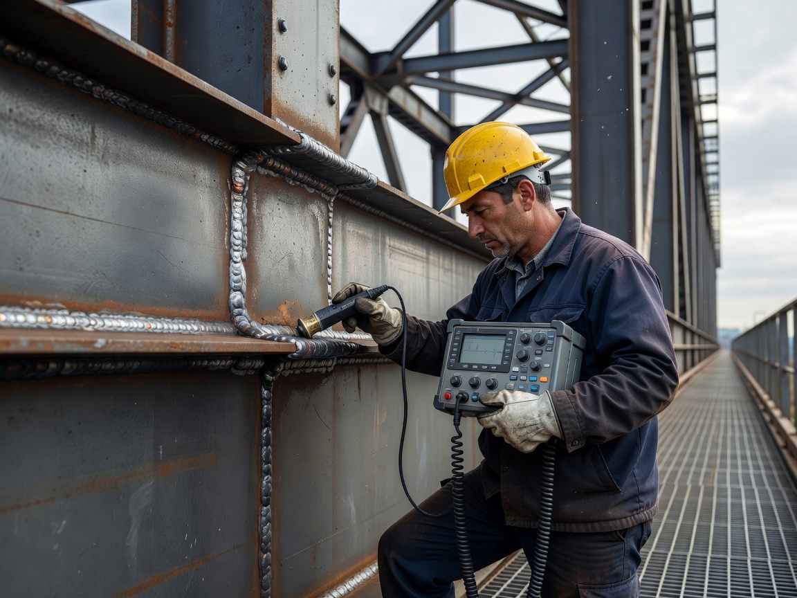 Inspection engineer using ultrasonic flaw detector on welded bridge beam joint