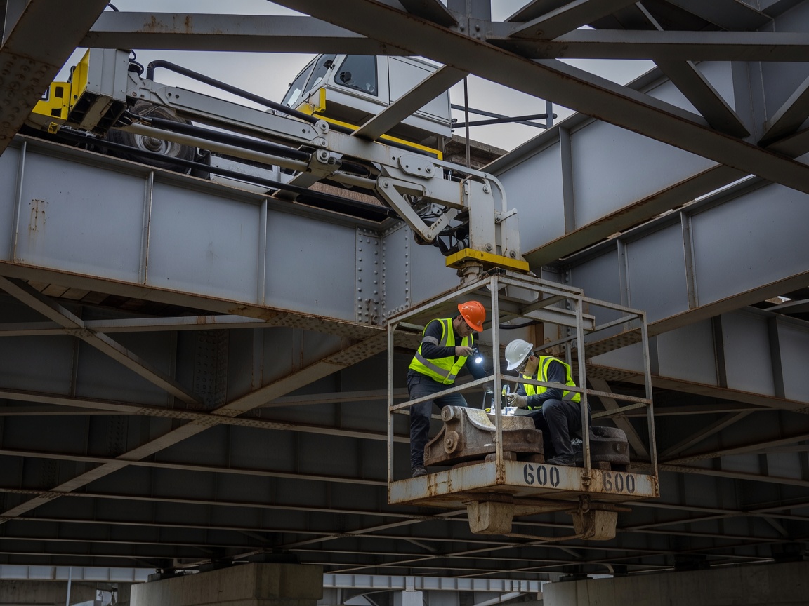 Under-bridge inspection unit examining steel truss joints and rocker bearings
